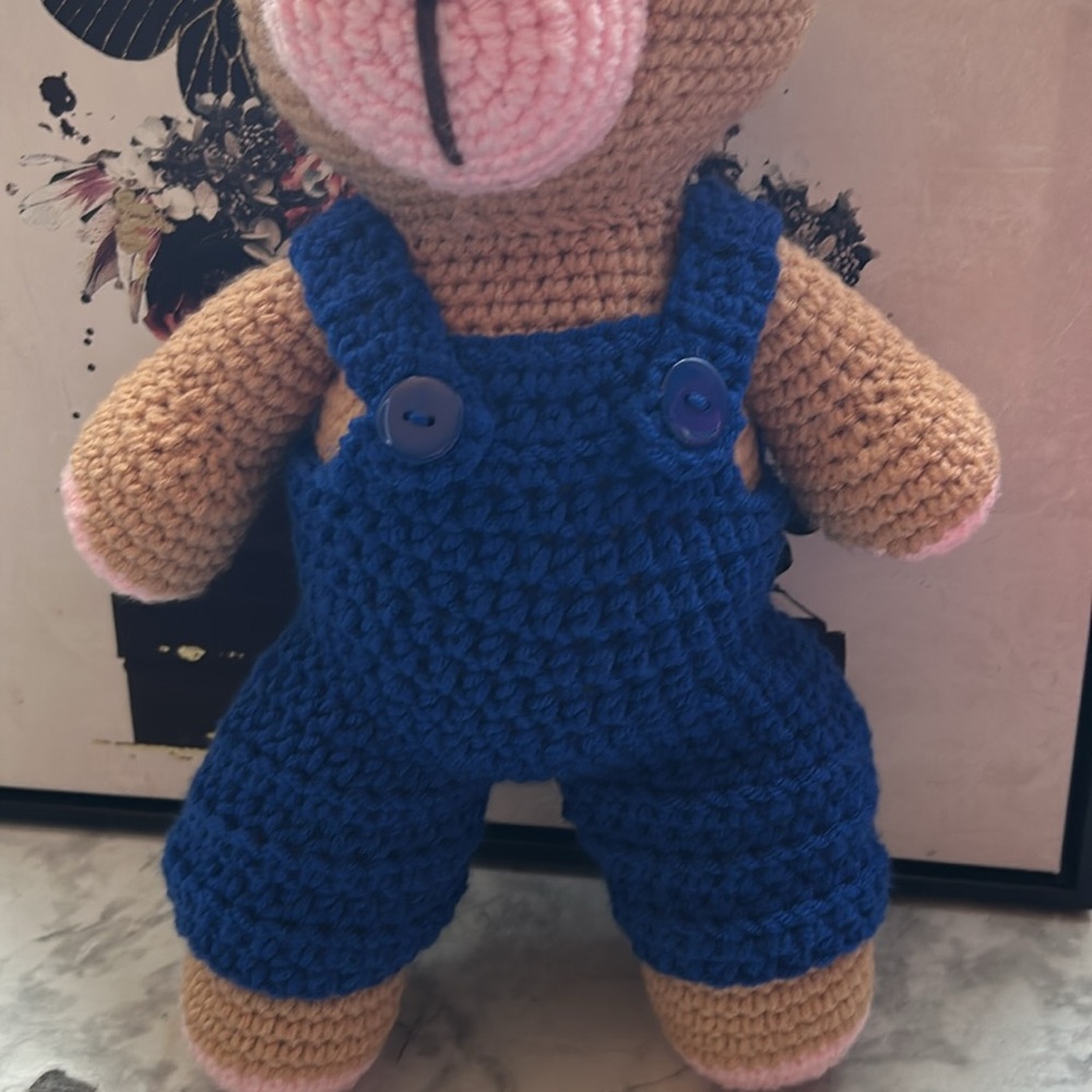 Crochet Teddy Bear with Blue Overalls - Handmade - Picture 2 of 3